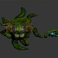 Horned Nature Guardian Creature Design With Plant Like Body And Blue Glowing Vine Staff