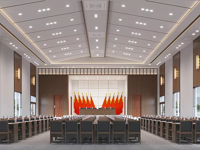 Formal Conference Room Interior With Long Tables Red Flags Wooden Decor And Ceiling Lights 3d model