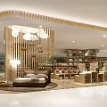 Modern Furniture Showroom Interior With Wooden Ceiling Pendant Lights Sofa And Display Shelves