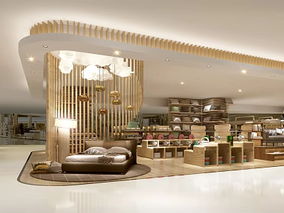 Modern Furniture Showroom Interior With Wooden Ceiling Pendant Lights Sofa And Display Shelves 3d model