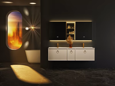 Modern Bathroom Vanity With White Cabinet Mirror Storage Elegant Lighting And Natural Light 3d model