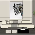 Modern Living Room White Double Sofa with Abstract Horse Painting Coffee Table and Green Plant
