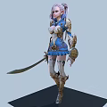 Game Movie Character With Pink Braided Hair Blue Eyes Wearing Ornate Blue Gold Armor Outfit