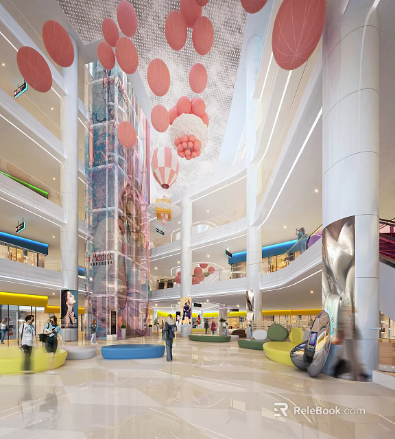 Modern Shopping Mall Atrium With Transparent Elevator Pink Decor And Visitors 3d model 