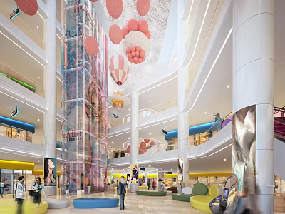 Modern Shopping Mall Atrium With Transparent Elevator Pink Decor And Visitors 3d model
