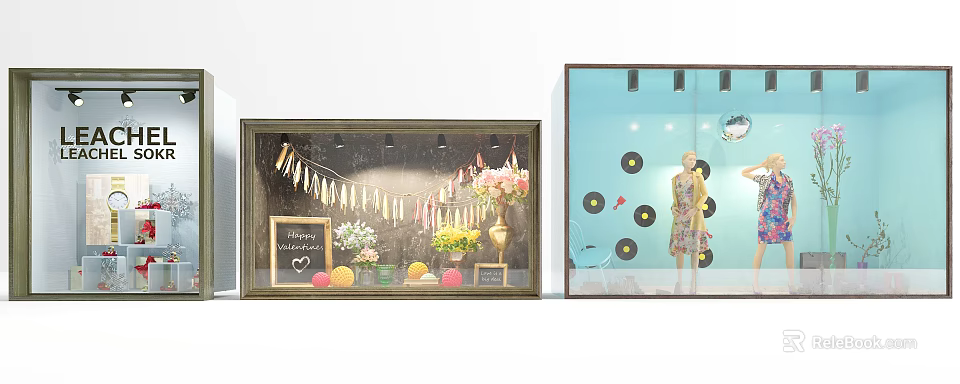 Charming Store Window With Welcome Sign Flowers Fruits Bunting Mannequin In Dress Vinyl Records 3d model 