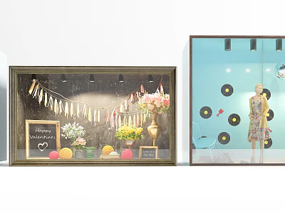 Charming Store Window With Welcome Sign Flowers Fruits Bunting Mannequin In Dress Vinyl Records 3d model