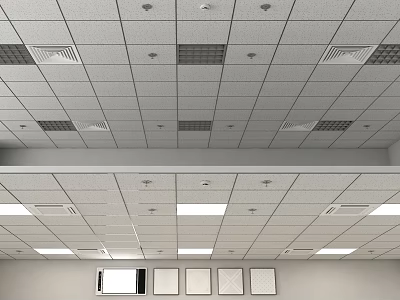 Modern Grid Pattern Suspended Ceiling With Recessed Vents And Lighting Fixtures 3d model