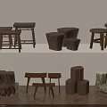 Wooden Stools And Blocks With Various Designs Arranged On Shelves And Floor