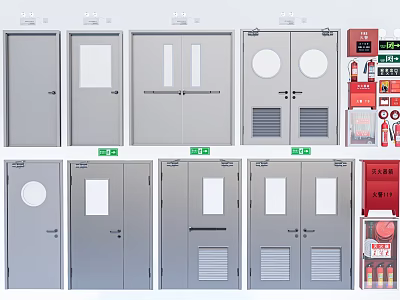 Various Metal Fire Doors With Safety Exit Signs And Emergency Fire Extinguishers 3d model