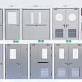 Various Metal Fire Doors With Safety Exit Signs And Emergency Fire Extinguishers