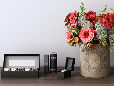 Elegant Jewelry Decorative Set With Black Boxes Roses In Burlap Vase On Wooden Tabletop 3d model