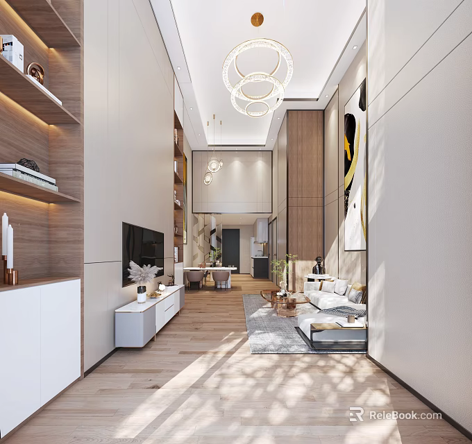 Modern Apartment Living Room With Open Layout Sofa TV Bookshelves And Chandelier 3d model 