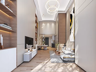 Modern Apartment Living Room With Open Layout Sofa TV Bookshelves And Chandelier 3d model
