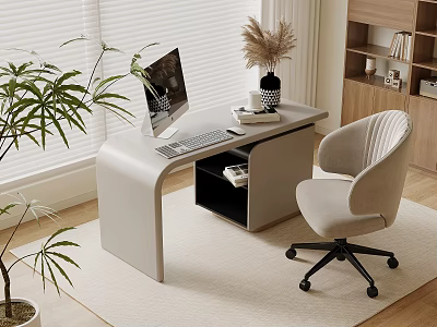 Modern White Desk with Computer Monitor Keyboard Books Vase Comfortable Chair Near Window Green Plant 3d model