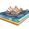 Cartoon Scene of Sydney Opera House with Water Area Model Base and Miniature Trees