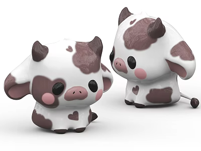 Two Adorable Cow Plush Toys Sitting With White Brown Spots Big Eyes Pink Cheeks 3d model