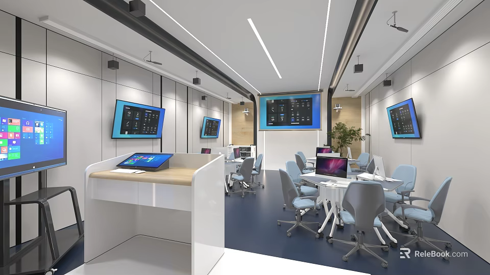 Modern School Classroom Featuring Multiple Screens Laptop Computers Gray Chairs And White Desks 3d model 