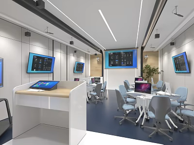 Modern School Classroom Featuring Multiple Screens Laptop Computers Gray Chairs And White Desks 3d model