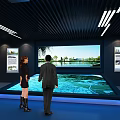 Modern High Tech Exhibition Hall With Screens Reception Desk And Lighting Design