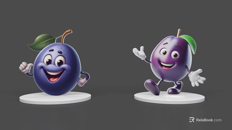Cartoon Purple Plums With Smiling Faces Arms And Legs On White Bases Gray Background 3d model 