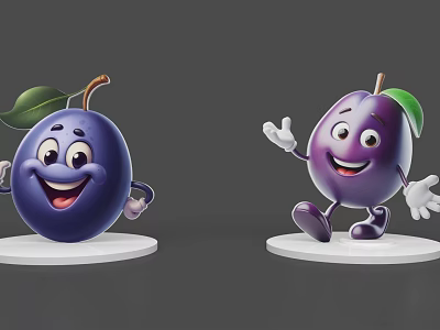 Cartoon Purple Plums With Smiling Faces Arms And Legs On White Bases Gray Background 3d model
