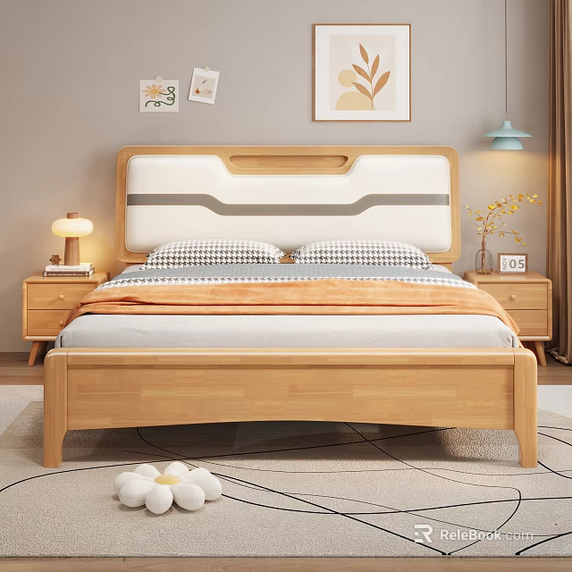 Cozy Wooden Bedroom Interior With White Headboard Bedside Tables Lamps And Wall Art 3d model 