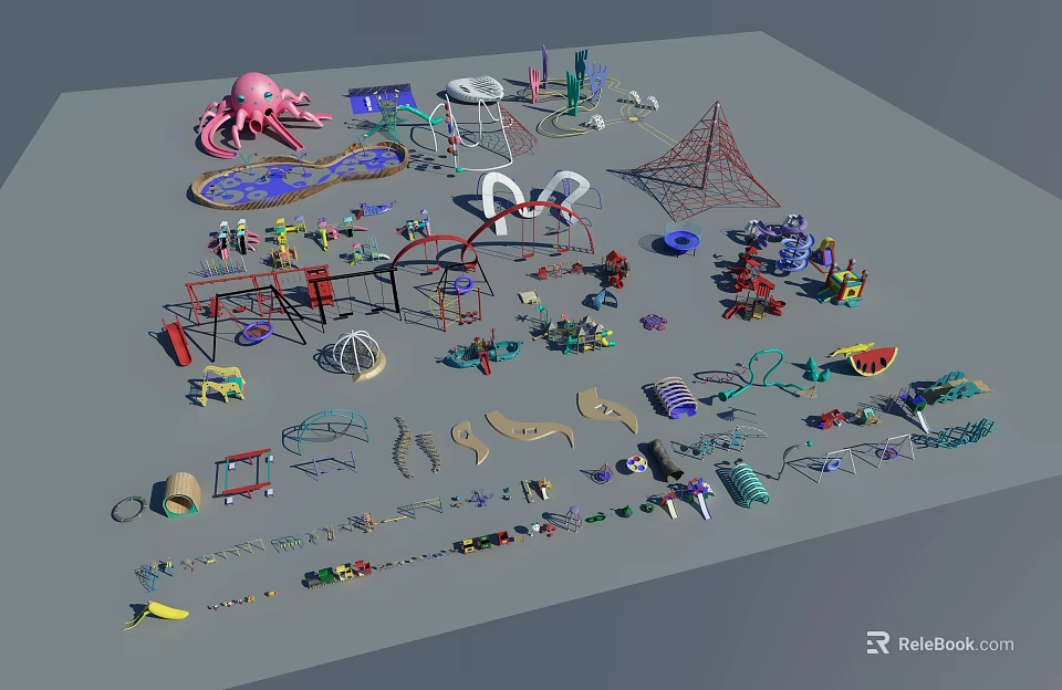 Colorful Playground Equipment With Octopus Structure Climbing Net Slides Swings And Spinning Rides 3d model 