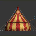 Vibrant Red And Yellow Striped Circus Tent With Star Patterns And Support Poles