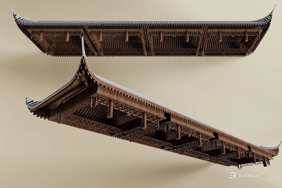 Traditional Chinese Wooden Ceiling with Ornate Carvings and Classic Brackets Design 3d model 
