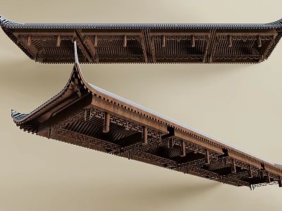 Traditional Chinese Wooden Ceiling with Ornate Carvings and Classic Brackets Design 3d model
