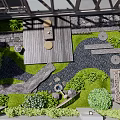 Serene Courtyard Garden With Wooden Deck Green Plants Stone Path And Decorative Stones