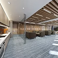 Modern Office Corridor Interior With Wooden Walls Glass Partitions And Ceiling Lights