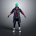 Detailed 3D Anime Character With Teal Hair Mask Dark Coat Red Vest And White Shoes