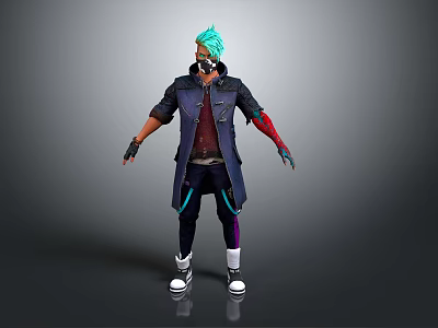 Detailed 3D Anime Character With Teal Hair Mask Dark Coat Red Vest And White Shoes 3d model