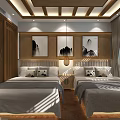 Traditional Hotel Guest Room With Wooden Decor Twin Beds And Landscape Paintings