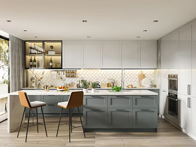 Modern Kitchen Interior With Gray Cabinets Island Bar Stools Wine Rack And Tiled Backsplash 3d model