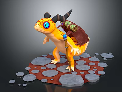 Fantasy Yellow Animal with Blue Eyes Horns and Saddle Bag Standing on Stone Ground 3d model
