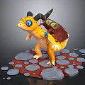 Fantasy Yellow Animal with Blue Eyes Horns and Saddle Bag Standing on Stone Ground