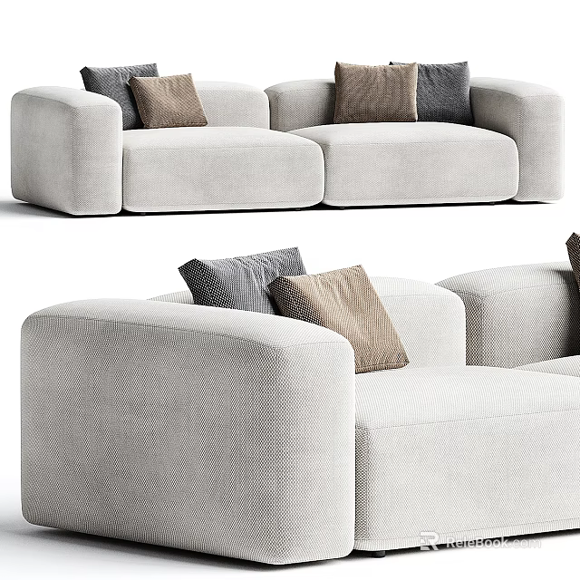 Modern Double Sofa With Light Upholstered Fabric Curved Arms And Plush Pillows 3d model 