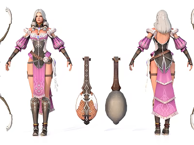 Game Female Character With White Hair Pink Black Outfit Armor Details Bow And Potion Containers 3d model