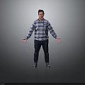 Man In Plaid Shirt And Dark Pants With Outstretched Hands Against Gray Background
