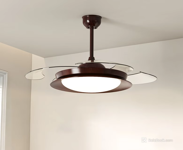 Modern Decorative Ceiling Light With Wooden Frame Circular Lampshade And Transparent Blades 3d model 