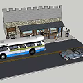 Bus Station With Stone Wall Shelter Bus Passengers And Parked Car