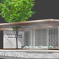 Modern Pergola With Curved Roof Large Tree And Seating Benches On Stone Floor