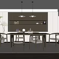 Modern Restaurant Interior With Wooden Dining Table Chairs Pendant Lights And Plant