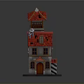 Fairy Tale Style Building Featuring Red Roof Gray Walls Tower Wooden Accents And Lit Windows