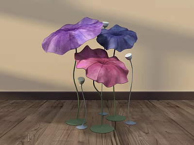 Floral Installation Purple Blue Pink Lotus Leaf Shaped Decor Green Stems Base On Wooden Floor 3d model