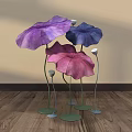 Floral Installation Purple Blue Pink Lotus Leaf Shaped Decor Green Stems Base On Wooden Floor