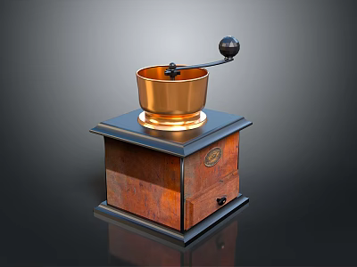 Vintage Manual Coffee Grinder With Copper Bowl And Wooden Base Design 3d model